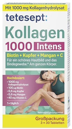 tetesept Kollagen 1000 Intens – 3 x 30 Tabletten - Nahrungsergänzungsmittel mit Kollagen, Vitamin C, Biotin, Kupfer & Mangan – Für das Bindegewebe und ein schönes Hautbild