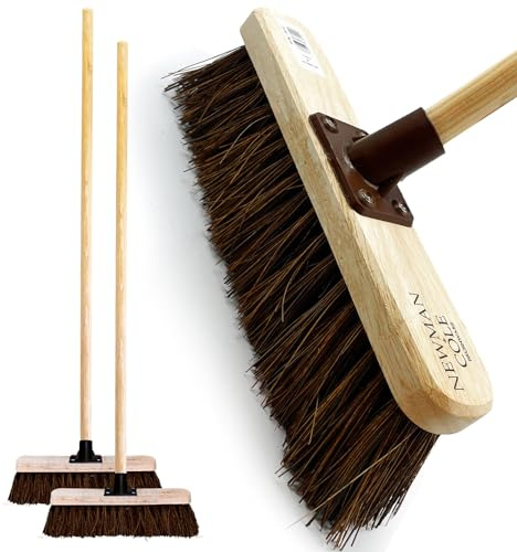 12” Outdoor Garden Broom with Wooden Handle Natural Stiff Bassine Hard Bristle Broom with Durable Support Bracket Yard Brush Heavy Duty Outdoor Cleaning Sweeping Yard (PACK OF 2)