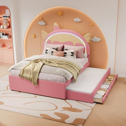 KUAKE Kinderbett 140x200 Polsterbett mit LED, Einzelbett mit Ausziehbarem Bett, Schlafsofa mit Lattenrost, Cartoon Kopfteil, Bett für Jungen und Mädchen, Ohne Matratze (Rosa, 140x200cm)