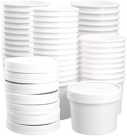 KEILEOHO Lot de 50 gobelets à soupe blancs de 350 ml avec couvercle - En carton à emporter - Pour la soupe, la glace, les aliments