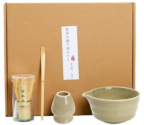 4PCS Matcha Tea Whisk Set, Tea Steeper Stirring Matcha Kits, Handmade Matcha Whisk (Chasen), Ceramic Matcha Bowl with Spout, Ceramic Whisk Holder, Scoop