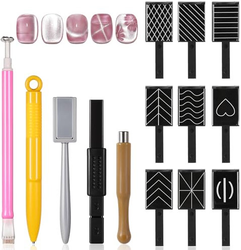 Andibro 14Stück Nail Art Werkzeug Magnetstift,Nagel Magnet Stick Set Nail Art Werkzeug DIY Magic 3D Cat Eye Magnet Stick Verwendung mit Cat Eye Gel Pulver oder Nagellack für Katzenauge UV Gel Polnisch