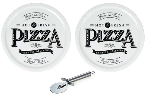 Lentz Piatto per pizza Ø 31 cm in porcellana con scritta retrò pizza – a scelta con tagliapizza (set da 2 con tagliapizza)