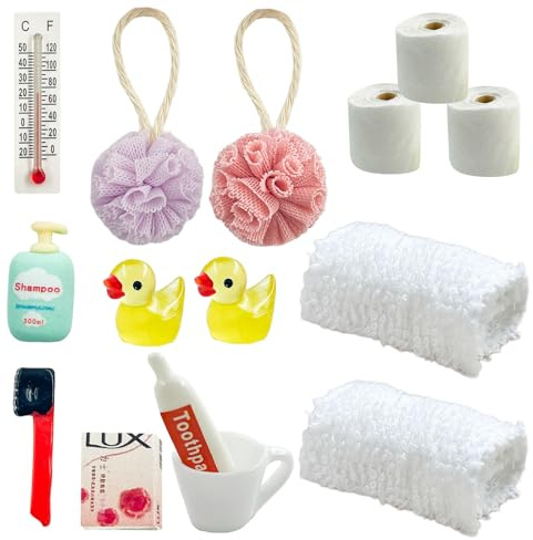 Wichtel Zubehör,15 Miniatur Wichtelzubehör Bade-Set, Badezimmer Miniatur Zubehör,für Wichteltür und 1/12 Puppenhaus,mit Mini Zahnpasta Zahnbürste Badeschwamm Ente Klopapier Rollen