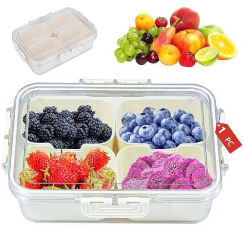 SANTUO Snack Box with Compartments, Snack Tray with 4 Removable Compartments, Divided Snackle Serving Box with Lid, Reusable Food Storage Container for Spices, Candy, Fruits, Lunch, Travel, Picnic