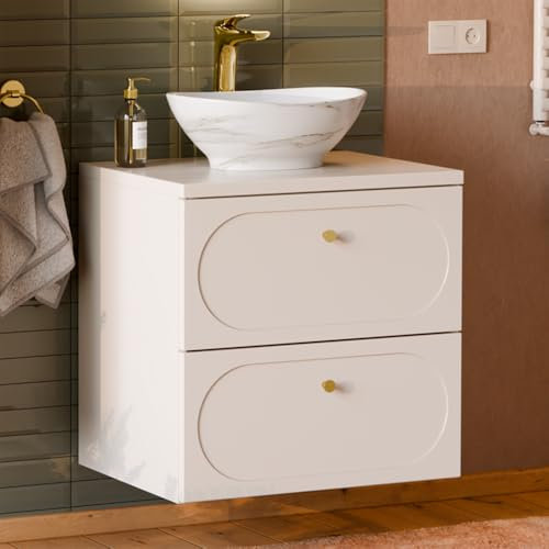 Lomadox Badezimmer Waschtisch 60 cm in sandbeige mit Aufsatzwaschbecken, hängend mit goldenen Knopfgriffen