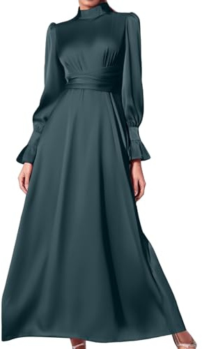 Vhersily Vestito Lungo Autunnale 2024 con Maniche Lunghe a Palloncino Vita Stretta e Design Minimalista per Look da Fata - Abiti Eleganti Donna Cerimonia Autunno Cinturata in Tessuto Monocromatico