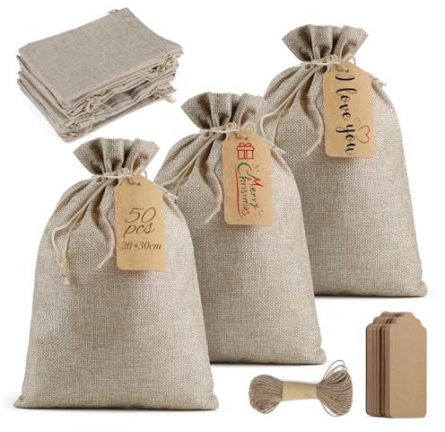 SWAWIS 50 Piezas Bolsas de Yute 20×30cm Color Lino con PP Cordón | Reutilizables, con 55 Etiquetas y 10m de Cáñamo, para Navidad Bodas Fiestas Regalos Joyas