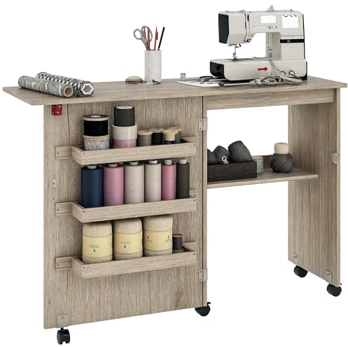 HOMCOM Table de Couture Pliante À Abattant 117x40x77,5cm Effet Bois Grisé