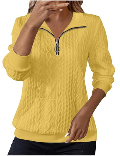 Sweaters for Women UK Jumpers for Women UK Sweatshirts Lapel Half Zip Pullover Knit Cable Ladies Sweatshirt Long Sleeve Tops Fall Winter Sweaters Warm Hoodies Outfit Clothing Yellow M