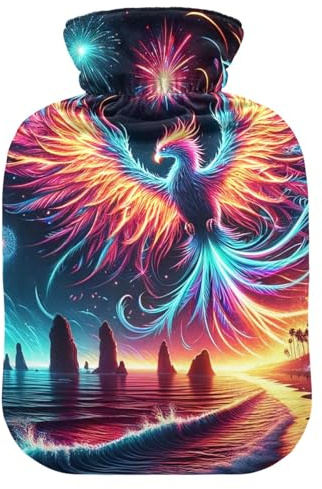 Coloridas botellas de agua caliente Phoenix con funda de terciopelo suave, bolsa de agua caliente para compresas frías y calientes, tamaño mediano