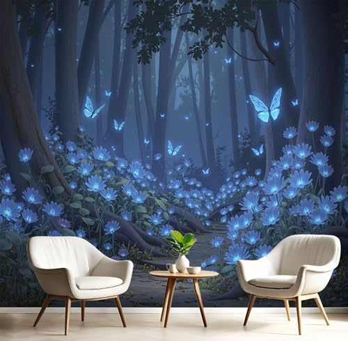 ANALTIRCE Papier Peint Intissée Rêveur Papillons Fougères 200×150cm Papier Peint Panoramique, Forêt Mystérieuse XL Tableaux Décoration Murale pour Salon, Chambre, Décor Fond TV, Bleu