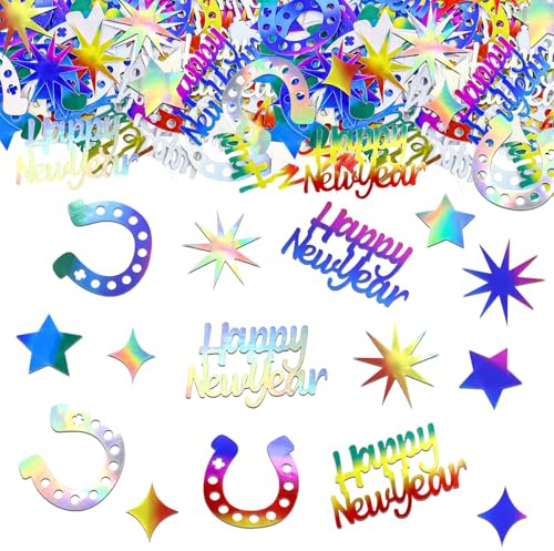 GoldRock Glitzer Streudeko Silvester Deko 2026 Konfetti 2,2-5,5cm,100 Stk Happy New Year Konfetti Silvester Tischdeko,Stern Happy New Year Deko,Tischdeko Neujahr Party Decor,Neujahrsdeko Confetti Bunt