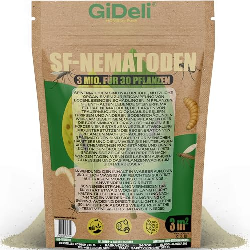GiDeli SF Nematoden gegen Trauermücken 3 Mio, 30 Pflanzen / 3 m² | Nützlinge zum Gießen gegen Trauermücken und Thripse - für 30 Pflanzen, eine ganze Wohnung