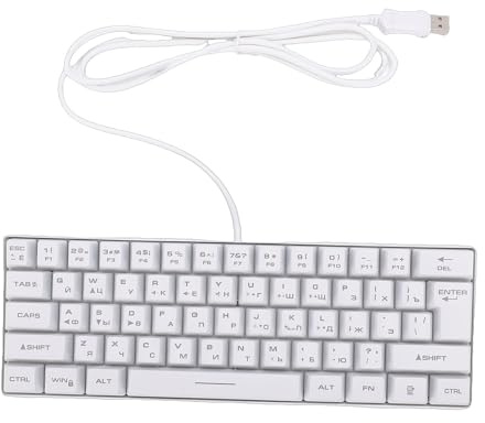 Plyisty Russische Mechanische Gaming-Tastatur, 61 Tasten, 60% Kompakte USB-kabelgebundene Russische und Englische Tastatur, mit RGB-Licht (White)