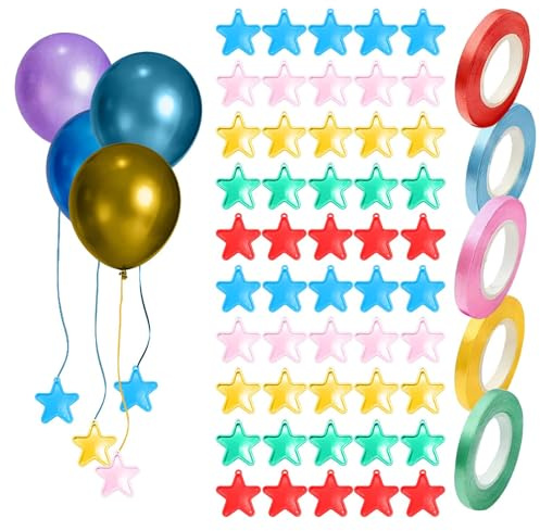 55Pcs Balloon Weights and Ribbon Set, Helium Balloon Weights, 50Pcs Star Shaped BalloonWeight with 5 Rolls 10m Ribbon for Birthday Wedding Party Decorations
