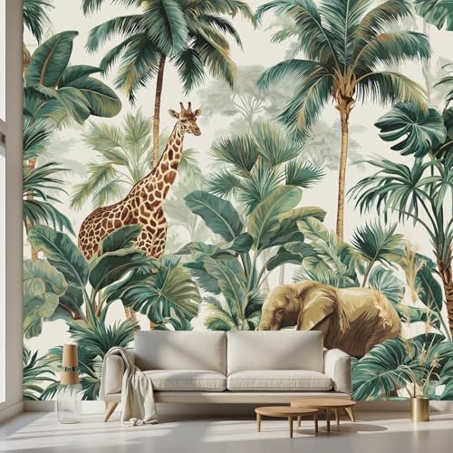 Kioldoq Papier Peint Jungle - Papier Peint Panoramique Nature Animaux Éléphant, Tapisserie Murale Autocollante Tropical Palmier 200x140 cm, Papiers Peints Adhesif Mural Monstera Pour Cuisine Meuble