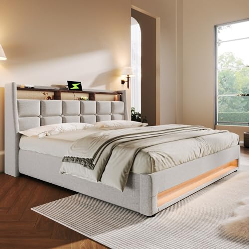 kozamas Letto imbottito 160 x 200 cm, letto matrimoniale con illuminazione a LED e porta USB, struttura del letto dal design moderno, con rete a doghe ergonomica, XXL letto per gli ospiti in lino
