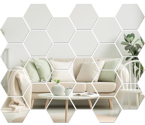 24 Stück Sechseckiger Spiegel Wandaufkleber, Spiegelfliesen Selbstklebend | HD Acryl Wandspiegel Klebespiegel für DIY Badezimmer Wohnzimmer Sofa TV Einstellung Wanddekoration (Silber)