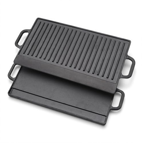 TOQUE Griddle Pan, Reversible Cast Iron Grill Pan, Pre-Seasoned Heavy Duty, Large Flat & Ridged BBQ Griddle with Handles for Induction Hob, Gas, Oven & Ceramic Hob, 49.5x23.5cm