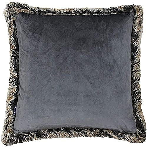 Kiruna Square Cushion Cover - Smoke Grey - Faux Velvet Look and Feel - Faux Fur Edging - Reversible - Hidden Zip Closure - 100% Polyester - 45 x 45cm (18 x 18 inches) - Made by Riva Paoletti