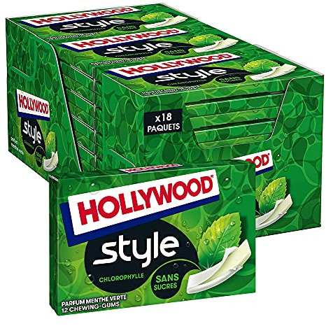 Hollywood Chewing Gum Style - Parfum Chlorophylle - Sans Sucres avec Édulcorants - Lot de 18 paquets de 12 gums - 23 g