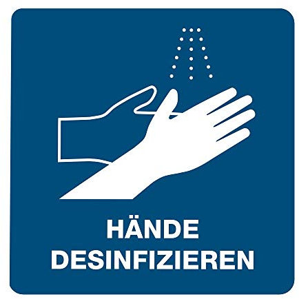 3 Stück Aufkleber Hände desinfizieren mit Piktogramm – selbstklebende Hinweisschilder zur Einhaltung der Hygienemaßnahmen – ideal für öffentliche Bereiche (15 x 15 cm | Blau)
