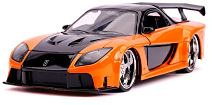 Jada Toys 253203058 Fast & Furious Han's Mazda RX-7, bil, tuning-modell i skala 1:24, med spoiler, öppningsdörrar, motorhuv och bagageutrymme, frihjul, orange