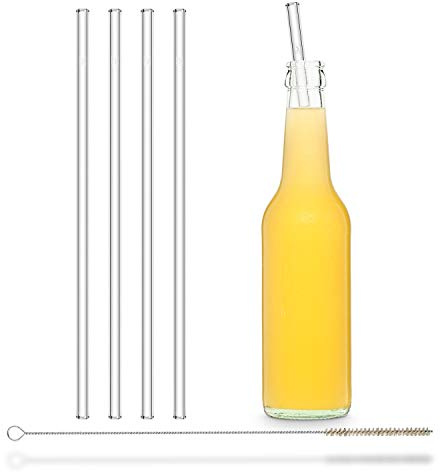 HALM Strohhalm Glas - 4 Stück gerade 27 cm lang + plastikfreie Reinigungsbürste - Spülmaschinenfest - Nachhaltig - Glastrinkhalme Glasstrohalme für Flaschen, Wasserflasche