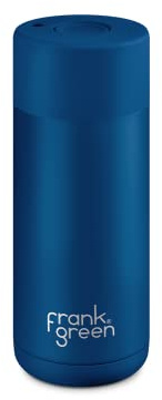 frank green Insulated Travel Mug for Cold Or Hot Drinks - 475ml/16oz Reusable Coffee Cup with Push-Button Lid, Ceramic Lined, Triple Wall Vacuum - Deep Ocean Blue