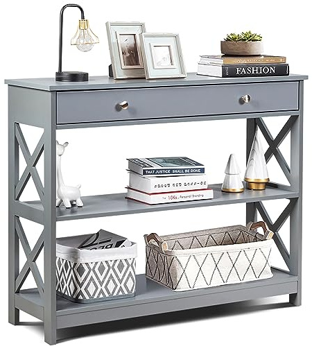 COSTWAY Tavolo Consolle con Cassetto, Tavolo da Ingresso a 3 Ripiani, Tavolino per Divano per Ingresso Soggiorno Camera da Letto, Stile Vintage Industriale (Grigio)