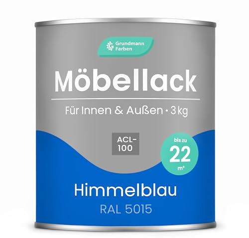 Grundmann Möbellack ACL 100 - Blau 3 Kg - Lösemittelfrei & Geruchsarm - 4in1 Möbelfarbe inkl. Grundierung - Innen und Außen - Für Holz, Metall & Kunststoff - RAL 5015 Himmelblau