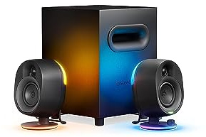 SteelSeries Arena 7 - Illuminated 2.1 Gaming Speakers – 2-Way Speaker Design – Powerful Bass, Subwoofer – USB, Aux, Optical, Wired – Bluetooth – PC, PlayStation, Mobile, Mac - UK Plug