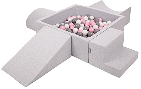 KiddyMoon Spielplatz Aus Schaumstoff Mit Quadrat Bällebad (300 Bälle) Ballgruben Für Babys Spielbad Hindernisläufen, Hergestellt In Der EU, Hellgrau:Weiß/Grau/Puderrosa