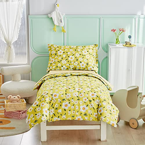 Uozzi Bedding 4 Pieces Yellow Girls Toddler Bedding Set White Floral Style - Includes Adorable Quilted Flower Comforter, Fitted Sheet, Top Sheet, and Pillow Case for Girls Bed