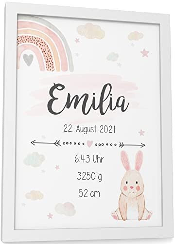 Papierschmiede® Geburtsbild, Name & Geburtsdaten personalisiert, DIN A5 im Rahmen aus Echtholz (weiß), Geburtsposter, Geburtsanzeige, Baby Geschenk Poster Geburt - Verspielt Rosa Mädchen