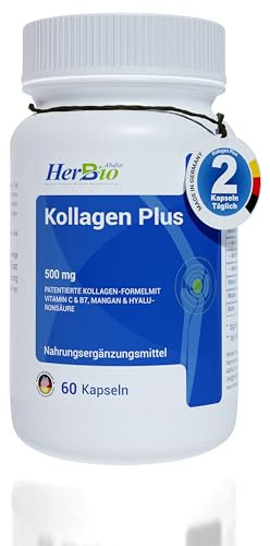 Hyaluronsäure Kollagen kapseln hochdosiert - 60 vegane Kapseln à 500mg - collagen kapseln hochdosiert - Mit Biotin, Vitamin C, Magnesium & Vitamin B7 - Laborgeprüft - in Deutschland hergestellt.
