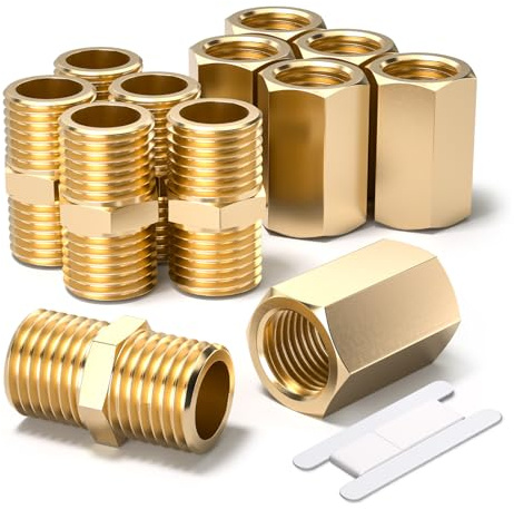 Bwintech 12 Pcs 3/8 to 3/8 Female & Male BSP Thread Brass Hex Nipple & Hex Coupling Connector for Pipe Connecting Conversion