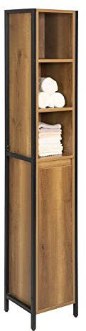 SoBuy Badezimmerschrank Vintage Holzoptik Schmaler Hochschrank mit 3 offenen Fächern & 1 Tür – Badregal Stehend aus Metall & PB 30x168x28cm BZR62-PF