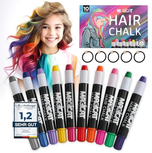 Magicat Premium Haarkreide für Mädchen Set I 10 Farben & 5 Haargummis I Auswaschbar & Ungiftig I Ideal für Kreativität & Spaß I Haarkreide für Kinder I Prüfengel Institut Note 1,2