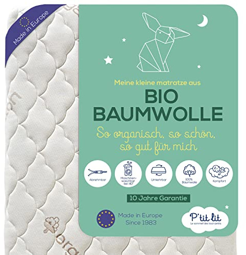 P'TIT LIT - Matelas Bébé Coton Bio - 60x120 cm - 100% Coton : matière Naturelle d'origine Végétale - sans Traitement Chimique - Déhoussable - Oeko Tex® - Fabrication Française - EP. 10 cm