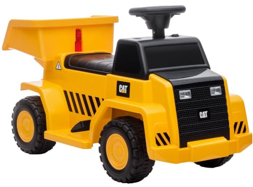 HOMCOM Camion Giocattolo Elettrico con Licenza CAT, Benna di Scarico Posteriore, Fari ed Effetti Sonori per Bambini 18-36 Mesi, 74.5x36x43.5 cm, Giallo e Nero