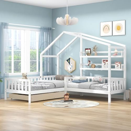 Tcewhhy Cama Infantil 90x200 cm + 140x70cm Cama de casita con cajones y estantes Cama de Suelo Estructura en L Madera Maciza con protección contra caídas y somier de láminas para niños jóvenes Blanca