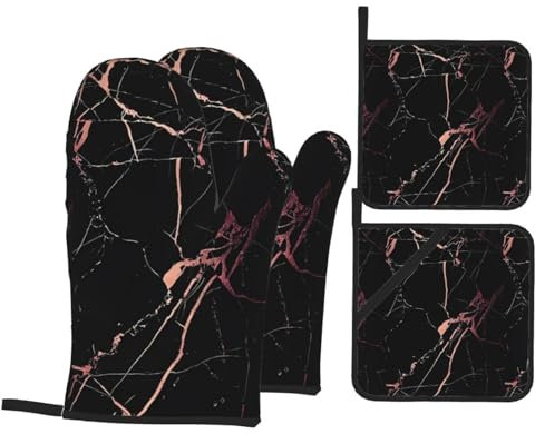 Black Rose Gold Marble Heat-Resistant Insulated Oven Mitt And Pan Lid Mat Set Of 4 For Baking Cooking Grilling
