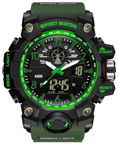 RORIOS Relojes Deportivo Par Reloj de Pulsera Electrónico Doble Pantalla Digital Cuarzo Analógico Multifuncional Militares para Hombre Impermeable Ejercito Verde
