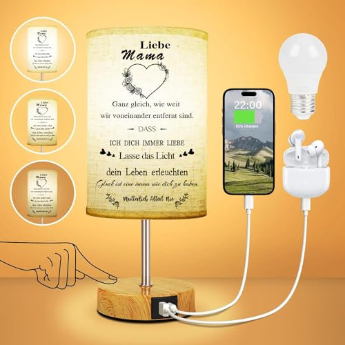 Vomkela Geschenke für Mama,Geburtstagsgeschenk für Mama Nachttischlampe Touch Dimmbar mit USB A+C Ladeanschlüssen,Tischlampe für Schlafzimmer Geschenk (LED-Birne Inklusive) [Energieklasse G]