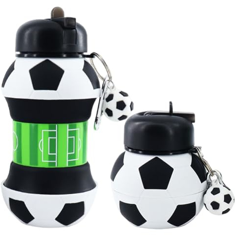 APDDHJ Football Water Bottle 550ml Silicone Collapsible With Keyring, Spout Cleaning Brush, Retractable Cup - Gifts for Boys Girls