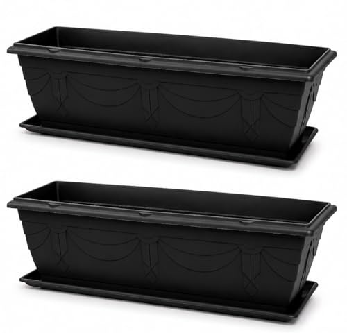 VR7 60cm Long Window Box Planter with Tray Plastic Trough Planter - Outdoor Windowsill Planter for Balconies & Gardens - Weatherproof & Frost Resistant (2 Pack)