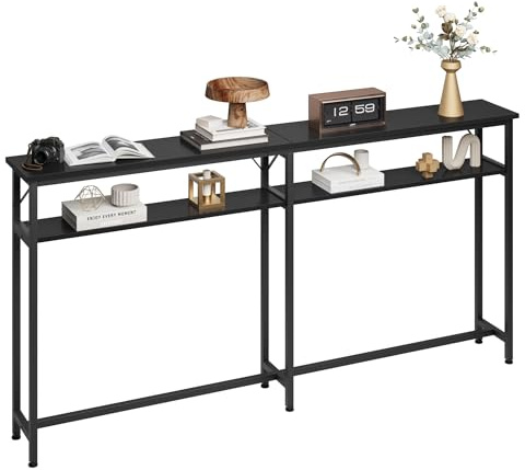 Litake Konsolentisch Schmal, 180 x 23 x 100 cm 2 Etagen Konsolentisch mit Stauraum Extra Lang Flurtisch Beistelltisch Grau für Eingangsbereich, Wohnzimmer, Schwarz
