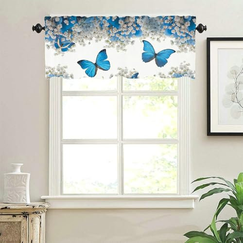 Beydodo Scheibengardine Bistrogardine Blickdicht 45 cm Hoch, Vorhang Kurz Nordisch Bedruckt Blau Schmetterlinge Blumen Muster Küchengardine Fenster 152x45CM, 1 Stück